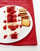Panna cotta with raspberries, raspberry puree and biscuits