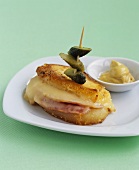Potato Croque Monsieur with gherkin and mustard