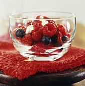 Blueberries & raspberries with yoghurt & raspberry puree in bowl