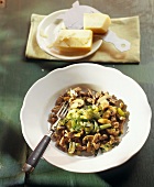 Chestnut spaetzle noodles with mushrooms, leeks and cheese