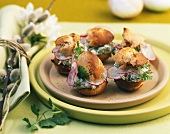 Savoury profiteroles filled with herb soft cheese & radishes