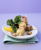 Grilled scallop and tuna kebabs with garlic oil