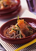 Udon noodles with salmon and trout caviar