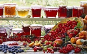 Jars of different jam and fresh fruit in front of window