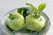 Two kohlrabi bulbs on a plate