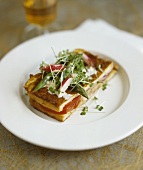 Fried tomato sandwich with asparagus and radish salad