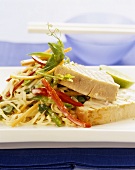 Marinated, fried tuna on Asian noodle salad