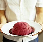 Man holding summer pudding on plate
