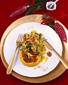 Polenta cakes with leek and apple curry sauce