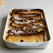 Bread-and-butter pudding with raisins and cinnamon