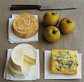 Three French cheeses on paper with apples