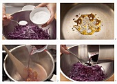 Red cabbage salad being prepared