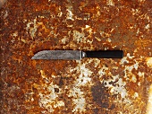 A knife on a rusty baking tray, seen from above
