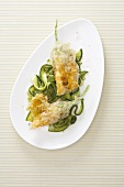 Baked courgette flowers with a polenta and olive filling