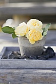 A bunch of yellow roses on a garden table