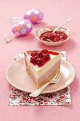 A slice of cheesecake with raspberries for Easter