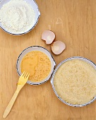 Ingredients for breading: flour, eggs and breadcrumbs
