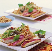 Fried red mullet fillets with peanut and chilli rice