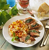 Saltimbocca (ham escalopes with sage) with pepper risotto