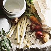 Asparagus, asparagus peeler and assorted vegetables