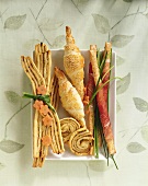 Puff pastries, ramsons & sheep's cheese sticks & grissini