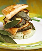 Tower of chicken breast, courgette & sage on mashed potato