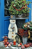 An entrance decorated for Christmas
