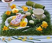 Cress table mat with narcissi, Easter eggs & baked Easter Bunny