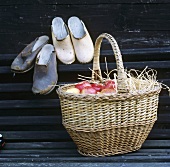 Basket of apples on bench, two pairs of garden shoes behind