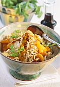 Exotic rice with curry powder, apricots and almonds