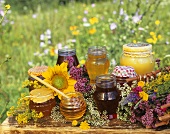 Various types of honey in the open air