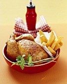 A roast chicken with chips