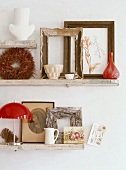 Picture frames on shelves