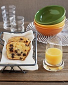 Chocolate chip bread and orange juice for breakfast