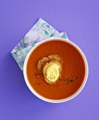 Cold red pepper soup with saffron mayonnaise on crostini