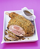 Shoulder of lamb with mint crust and gravy for Easter