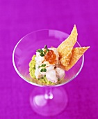 Crab cocktail in a glass with crispy wonton pastry