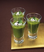 Parsley soup with black truffles in glasses