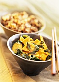 Deep-fried tofu with bamboo shoots and spinach
