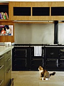 Schwarzer Vintageholzherd und minimalistische Hängeschränke aus Holz in einer stilgemixten Küche