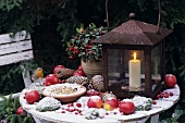 Wintry decorations on garden table