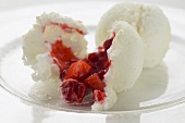 Molecular cuisine: coconut clouds with strawberry ragout