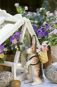 Outdoor Easter decoration: Easter Bunny with basket & flowers