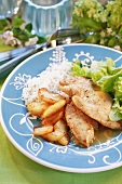 Chicken breast with honey sauce, apples and rice