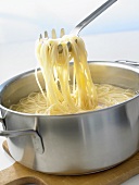 Spaghetti in pan and on spaghetti server