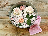 Fresh roses and rose petals in a bowl of water