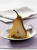 Baked pear with passion fruit sauce