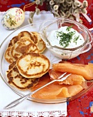 Bliny with dill cream & smoked salmon for Easter (Russia)