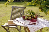 Schale mit frischen Äpfeln auf Gartentisch unterm Apfelbaum