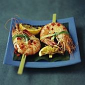 Chilli prawns with lemon on skewers